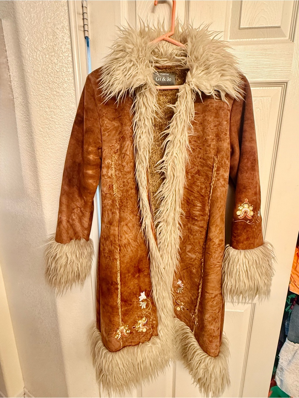 Gi & Jo Faux Suede Embroidered Penny Lane Afghan Coat Y2K Boho Shaggy Fur Trim
